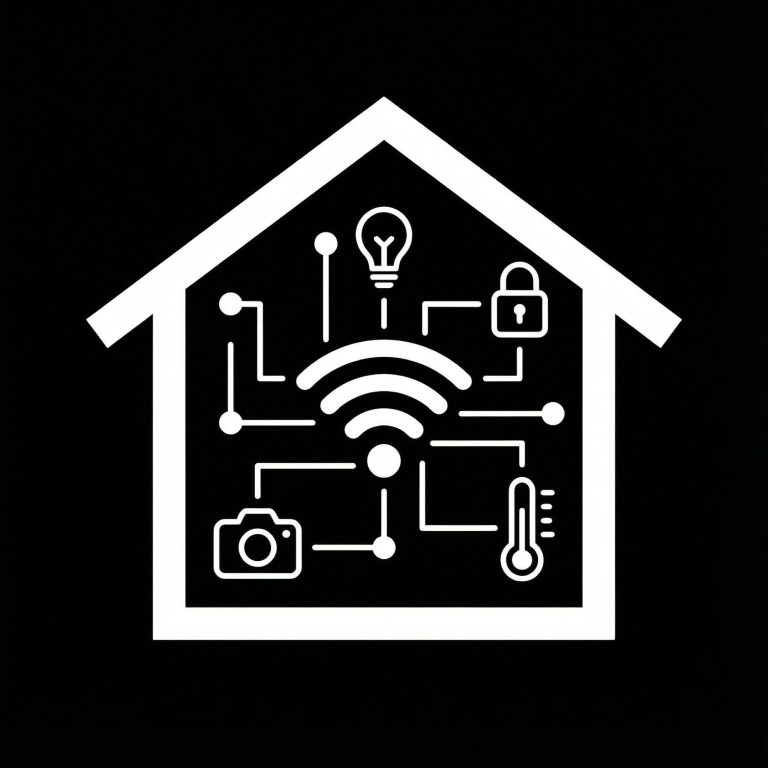 Smart-Home-Icon im Haus: WLAN, Licht, Kamera, Thermometer und Schloss
