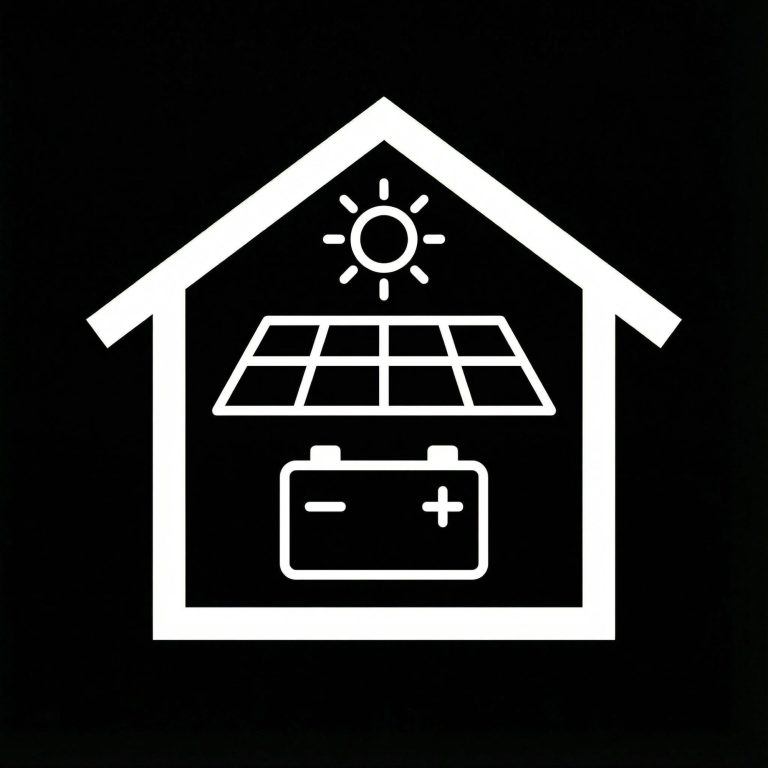 Haus-Icon mit Solarpanel, Sonne und Batteriespeicher – Photovoltaik