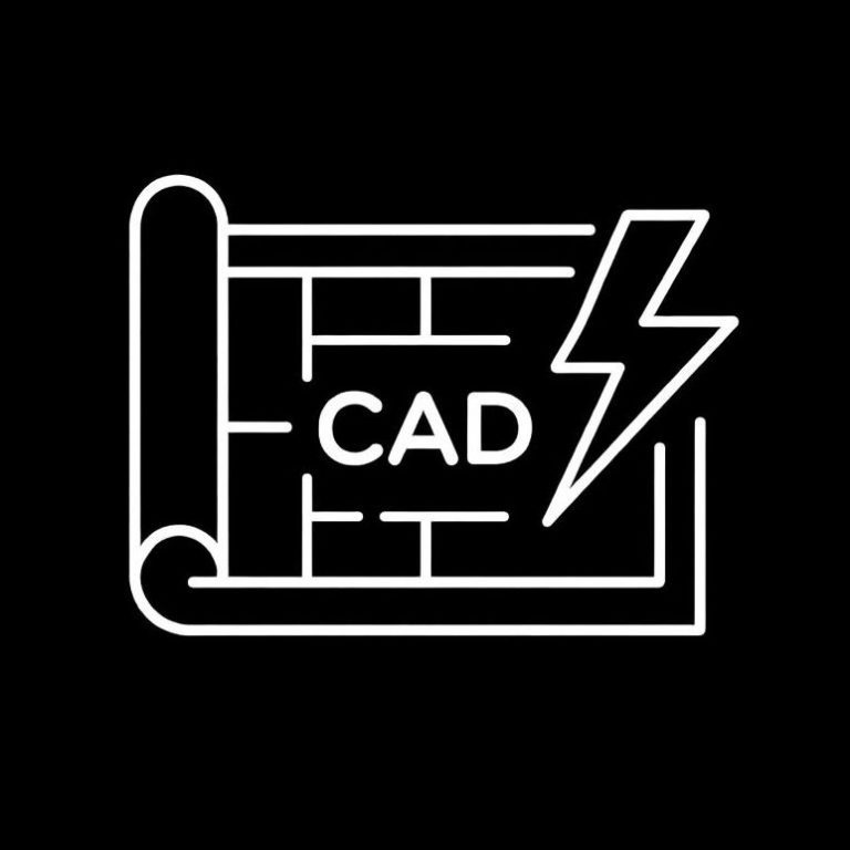 CAD/BIM-Icon: Bauplan mit ‚CAD‘ und Blitz – Elektroplanung und Dokumentation