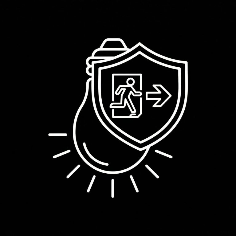 Hand mit Schutzschild und Fluchtweg-Piktogramm – Sicherheits- und Notbeleuchtung